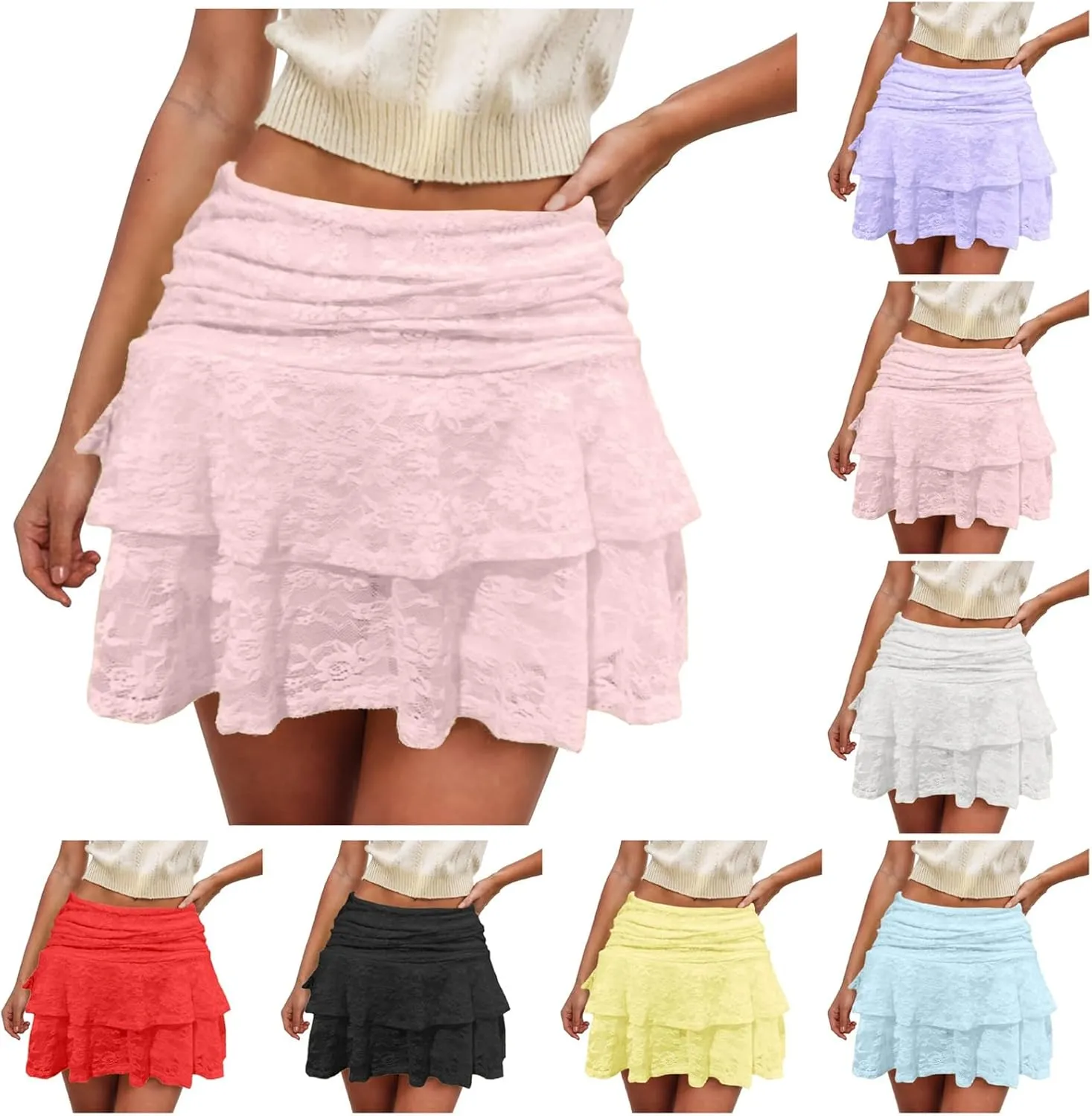 Womens Lace Mini Skirt Y2k Low Waist Flowy Skirts Layered Pleated Ruffle Skirt Sexy Streetwear