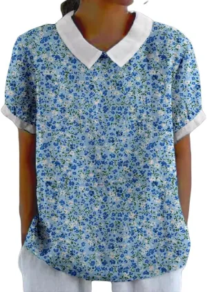 Womens Lapel Boho Floral Print T-Shirts Short Sleeve Summer Vintage Casual Tops for Women