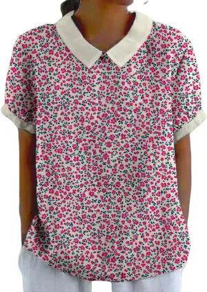 Womens Lapel Boho Floral Print T-Shirts Short Sleeve Summer Vintage Casual Tops for Women