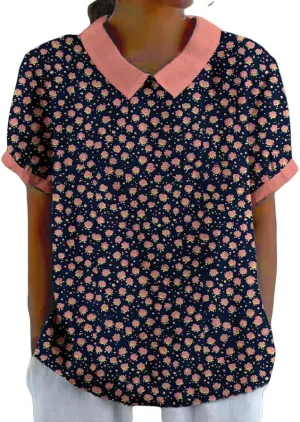 Womens Lapel Boho Floral Print T-Shirts Short Sleeve Summer Vintage Casual Tops for Women