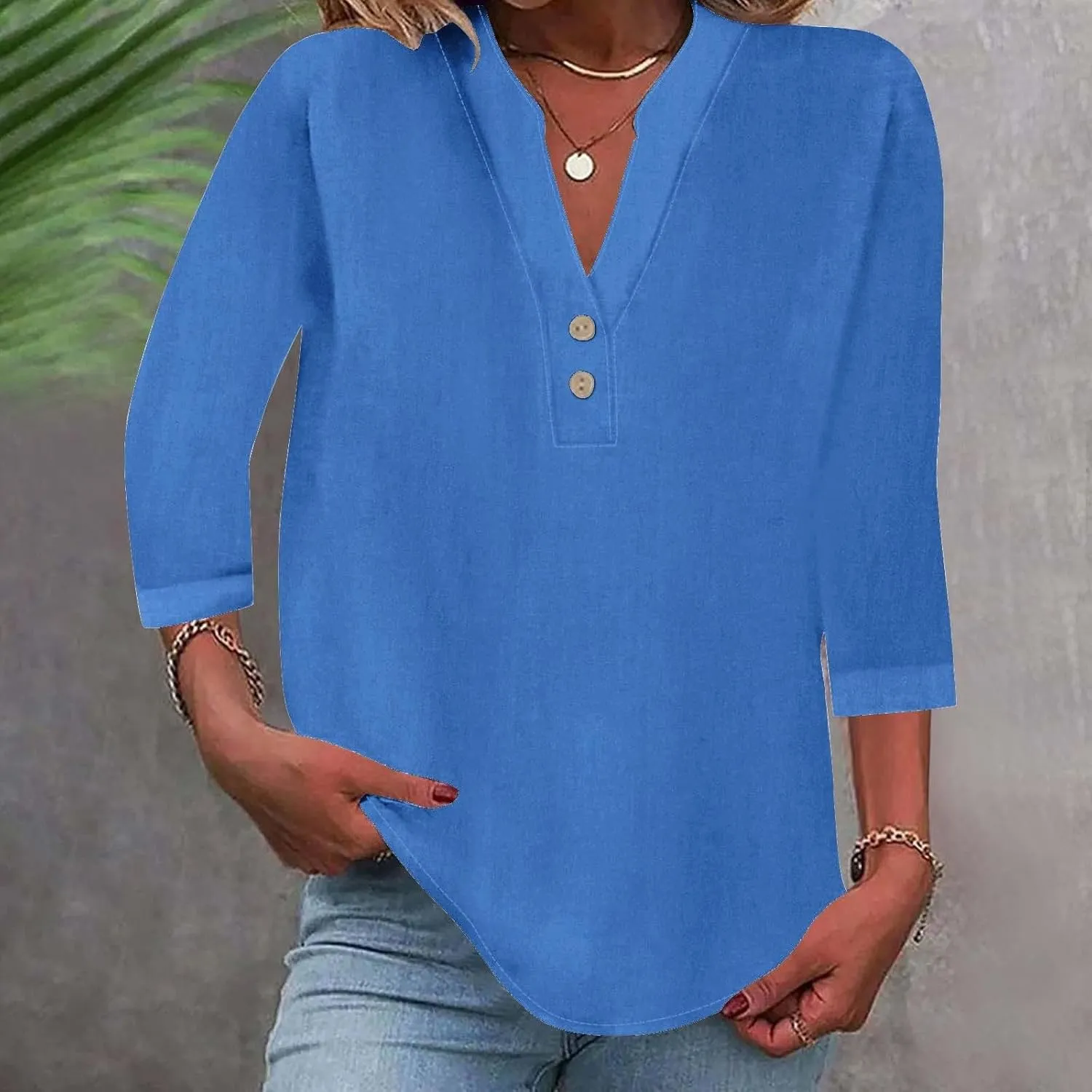 Womens Linen Shirts 3/4 Length Sleeve Casual Dressy Blouses Lightweight Gauze Boho Beach T Shirts Loose Tunic Tops