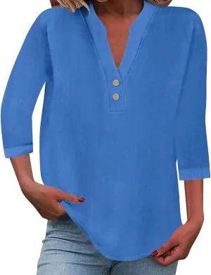 Womens Linen Shirts 3/4 Length Sleeve Casual Dressy Blouses Lightweight Gauze Boho Beach T Shirts Loose Tunic Tops