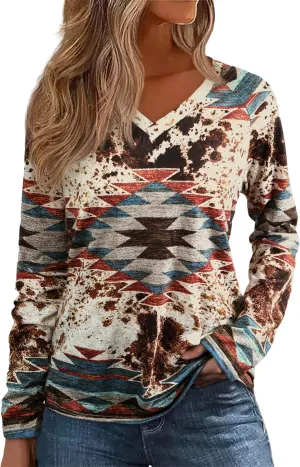 Womens Long Sleeve T Shirts Aztec Cow Print Western Henley Tops Ladies Graphic Tees Casual V Neck Loose Fit Blouse