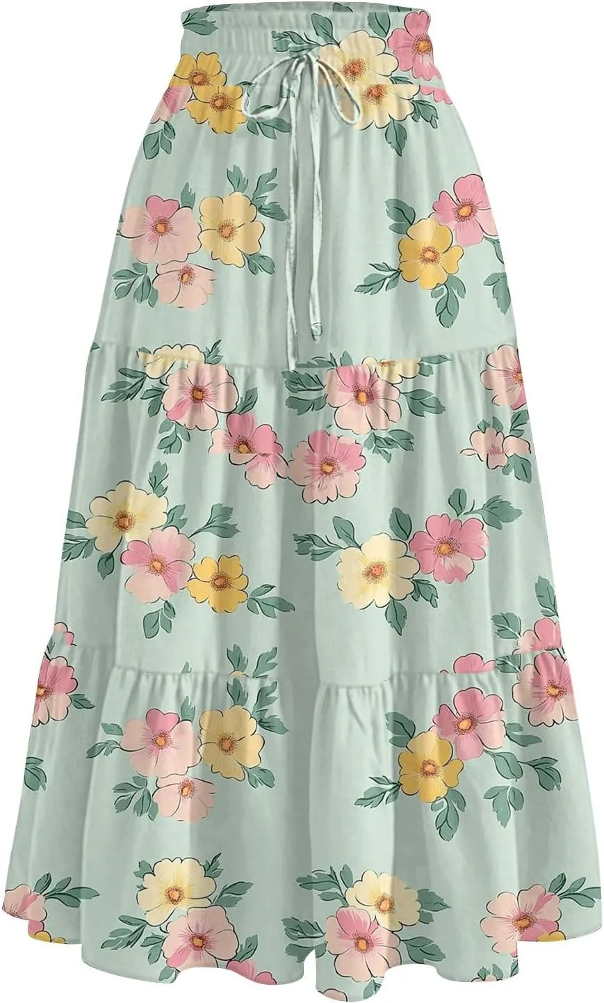 Womens Maxi Skirt Drawstring High Waisted Summer Skirts Lightweight Tiered Flowy Floral Pleated Skirts with Pockets