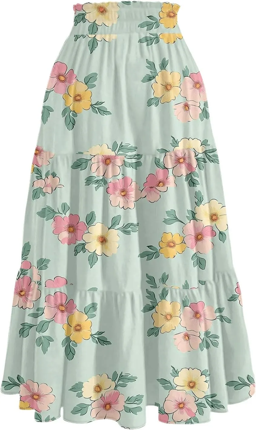 Womens Maxi Skirt Drawstring High Waisted Summer Skirts Lightweight Tiered Flowy Floral Pleated Skirts with Pockets
