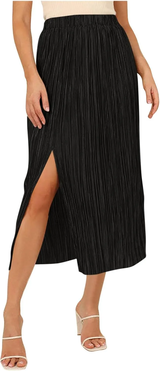 Women's Midi Casual Skirts Elastic Waist Pleated Skirts Split Hem Work Skirts Trendy Long Skirts for Party Night Club