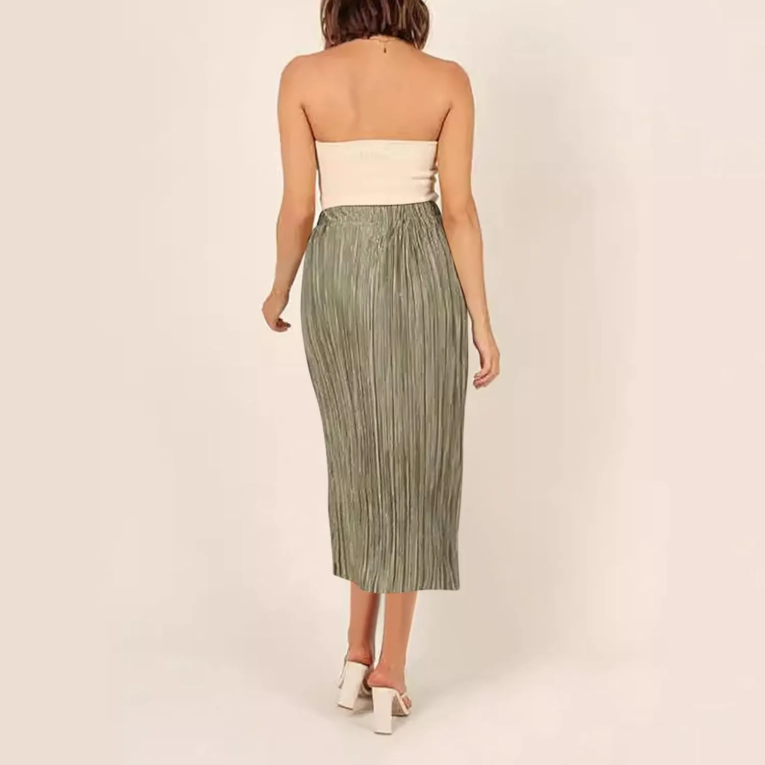 Women's Midi Casual Skirts Elastic Waist Pleated Skirts Split Hem Work Skirts Trendy Long Skirts for Party Night Club