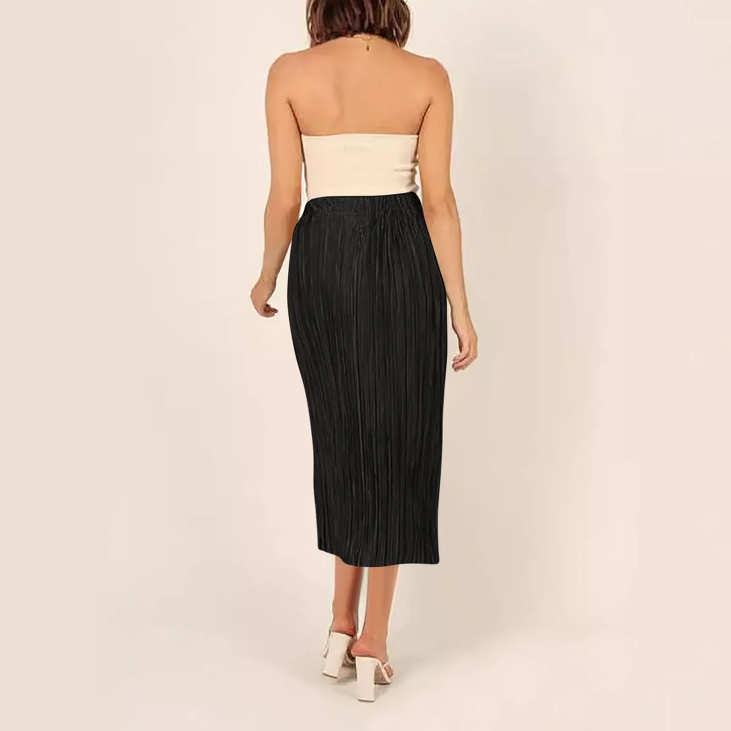 Women's Midi Casual Skirts Elastic Waist Pleated Skirts Split Hem Work Skirts Trendy Long Skirts for Party Night Club