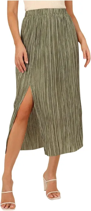 Women's Midi Casual Skirts Elastic Waist Pleated Skirts Split Hem Work Skirts Trendy Long Skirts for Party Night Club