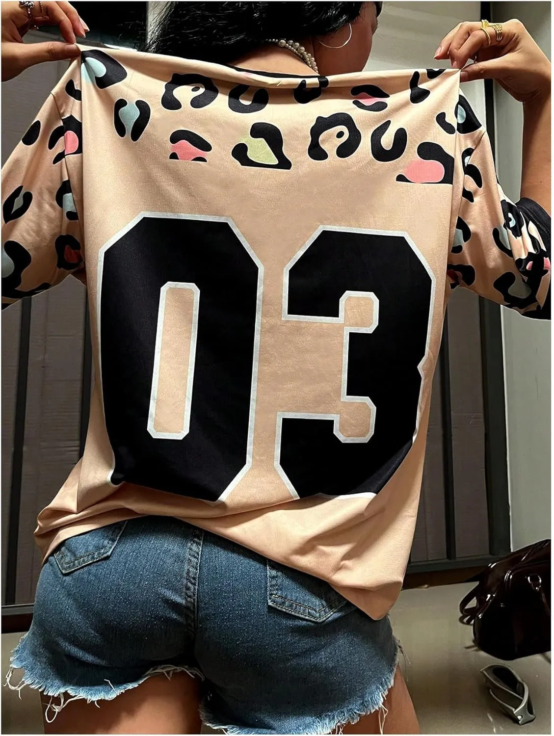 Women's Number Graphic Print Jersey Shirts Half Sleeve V Neck Sports Oversized T Shirts