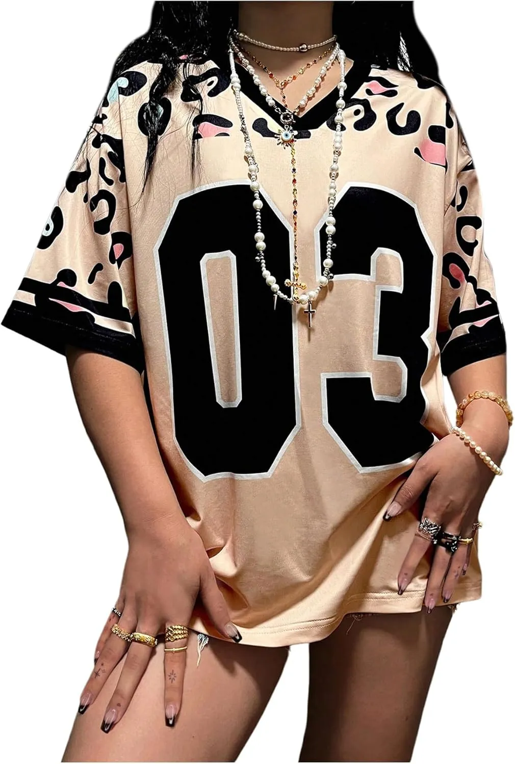 Women's Number Graphic Print Jersey Shirts Half Sleeve V Neck Sports Oversized T Shirts