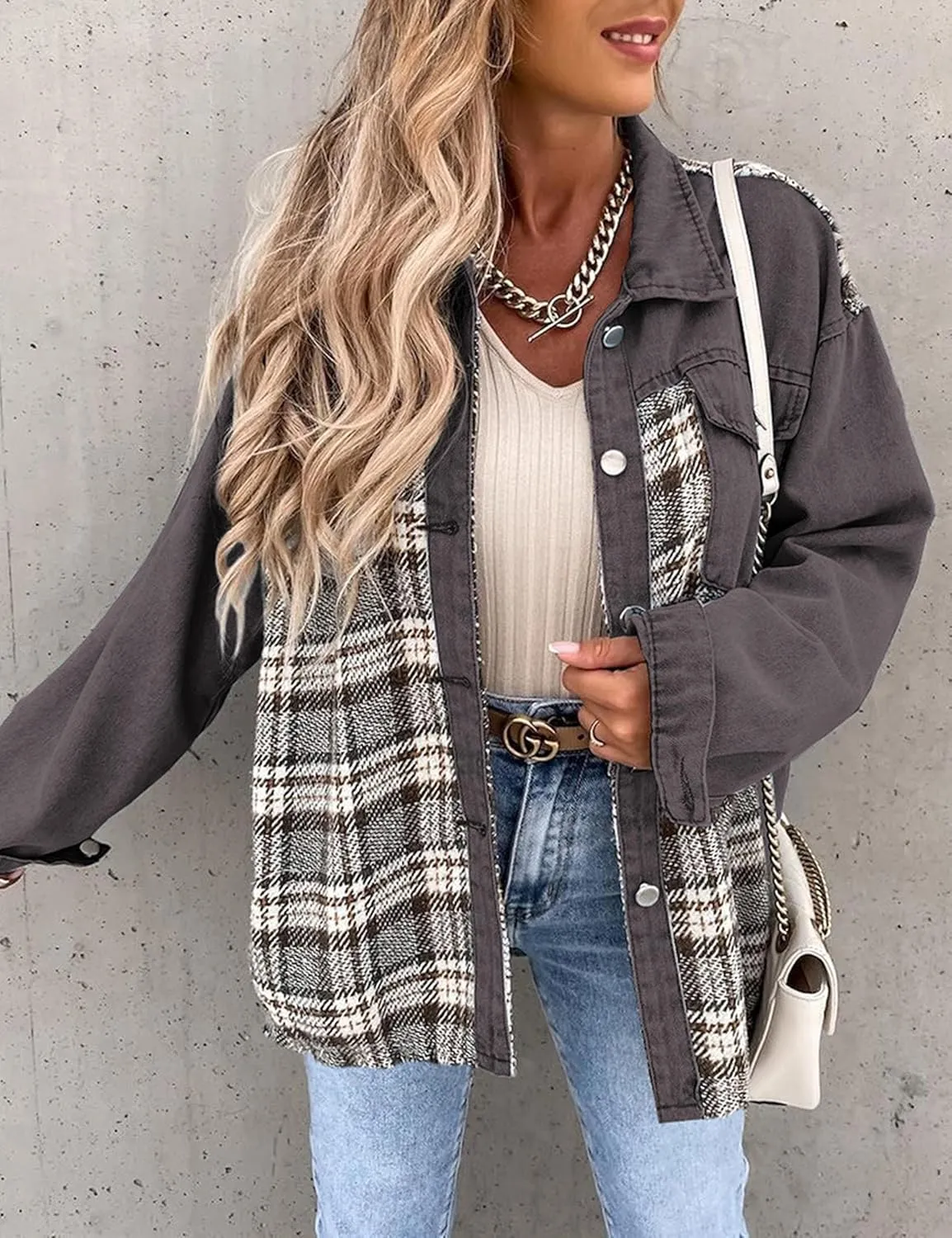 Women's Oversized Denim Shacket Jacket Plaid Long Sleeve Shirt Boyfriend Button Down Blouses Tops