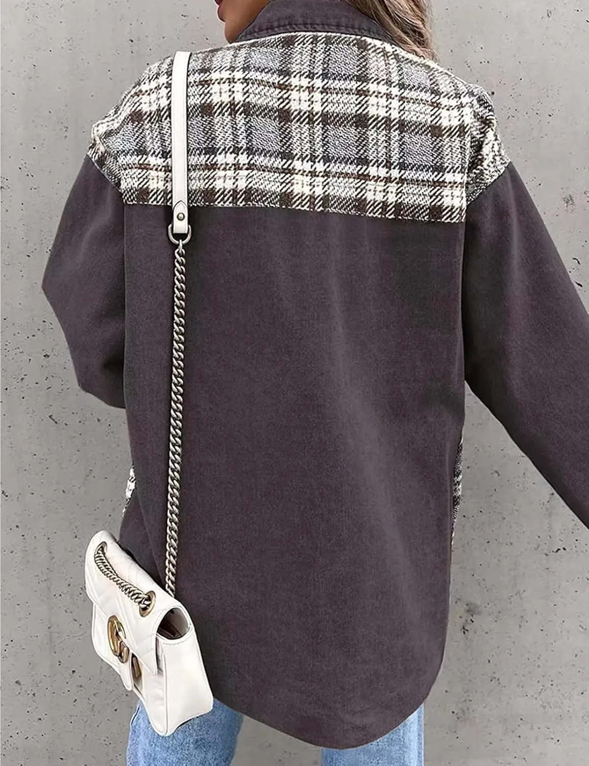Women's Oversized Denim Shacket Jacket Plaid Long Sleeve Shirt Boyfriend Button Down Blouses Tops