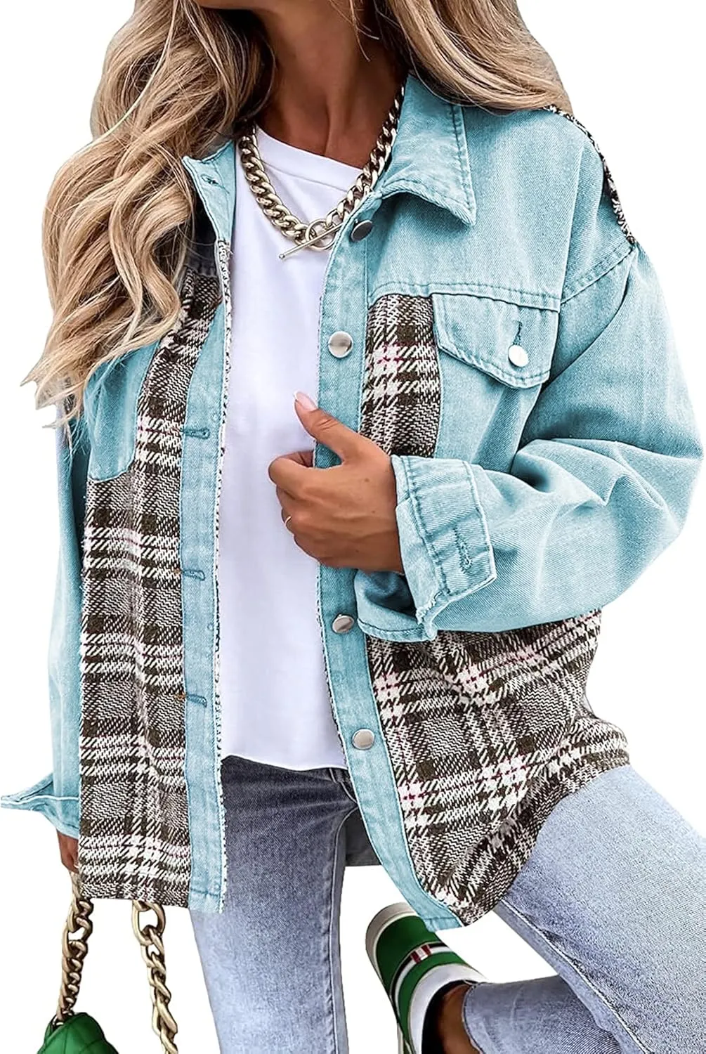 Women's Oversized Denim Shacket Jacket Plaid Long Sleeve Shirt Boyfriend Button Down Blouses Tops