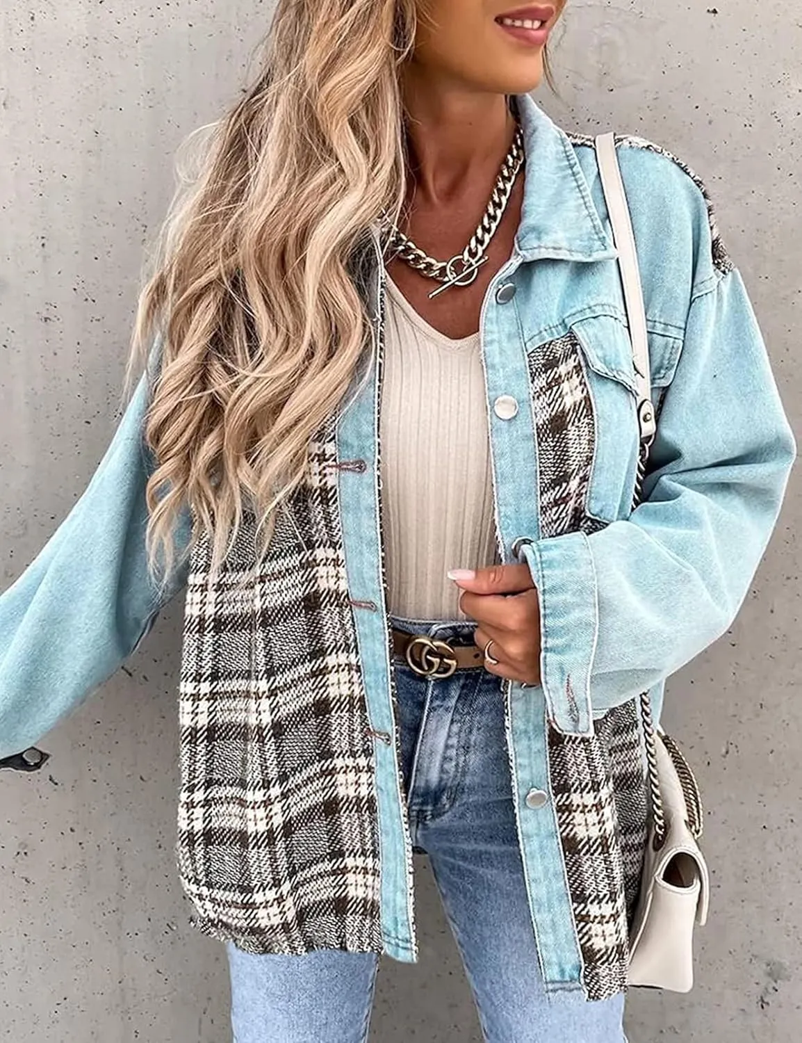 Women's Oversized Denim Shacket Jacket Plaid Long Sleeve Shirt Boyfriend Button Down Blouses Tops