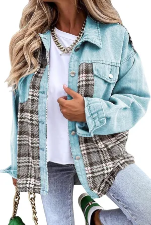 Women's Oversized Denim Shacket Jacket Plaid Long Sleeve Shirt Boyfriend Button Down Blouses Tops