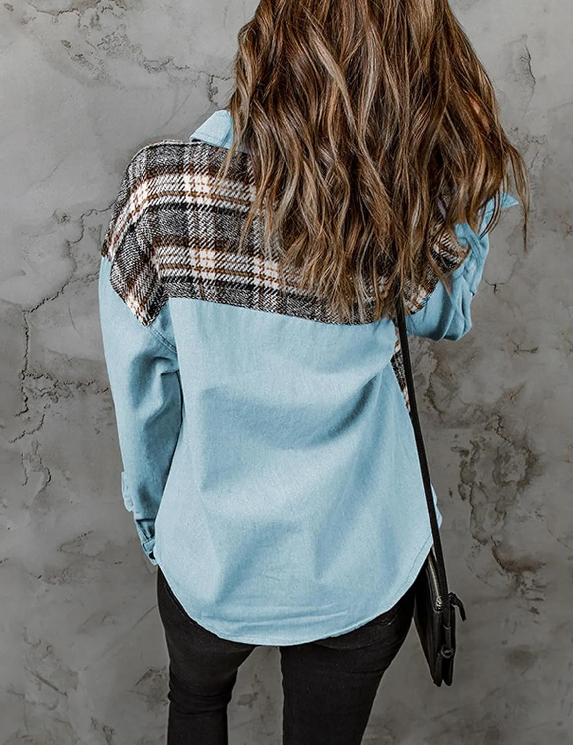 Women's Oversized Denim Shacket Jacket Plaid Long Sleeve Shirt Boyfriend Button Down Blouses Tops