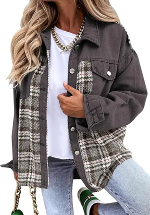Women's Oversized Denim Shacket Jacket Plaid Long Sleeve Shirt Boyfriend Button Down Blouses Tops