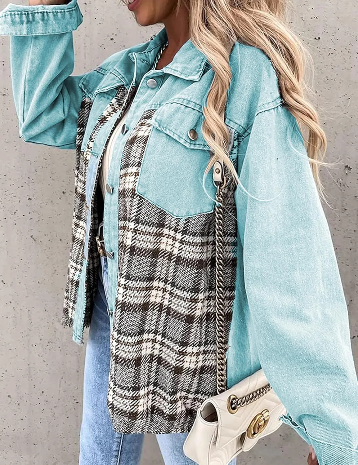 Women's Oversized Denim Shacket Jacket Plaid Long Sleeve Shirt Boyfriend Button Down Blouses Tops