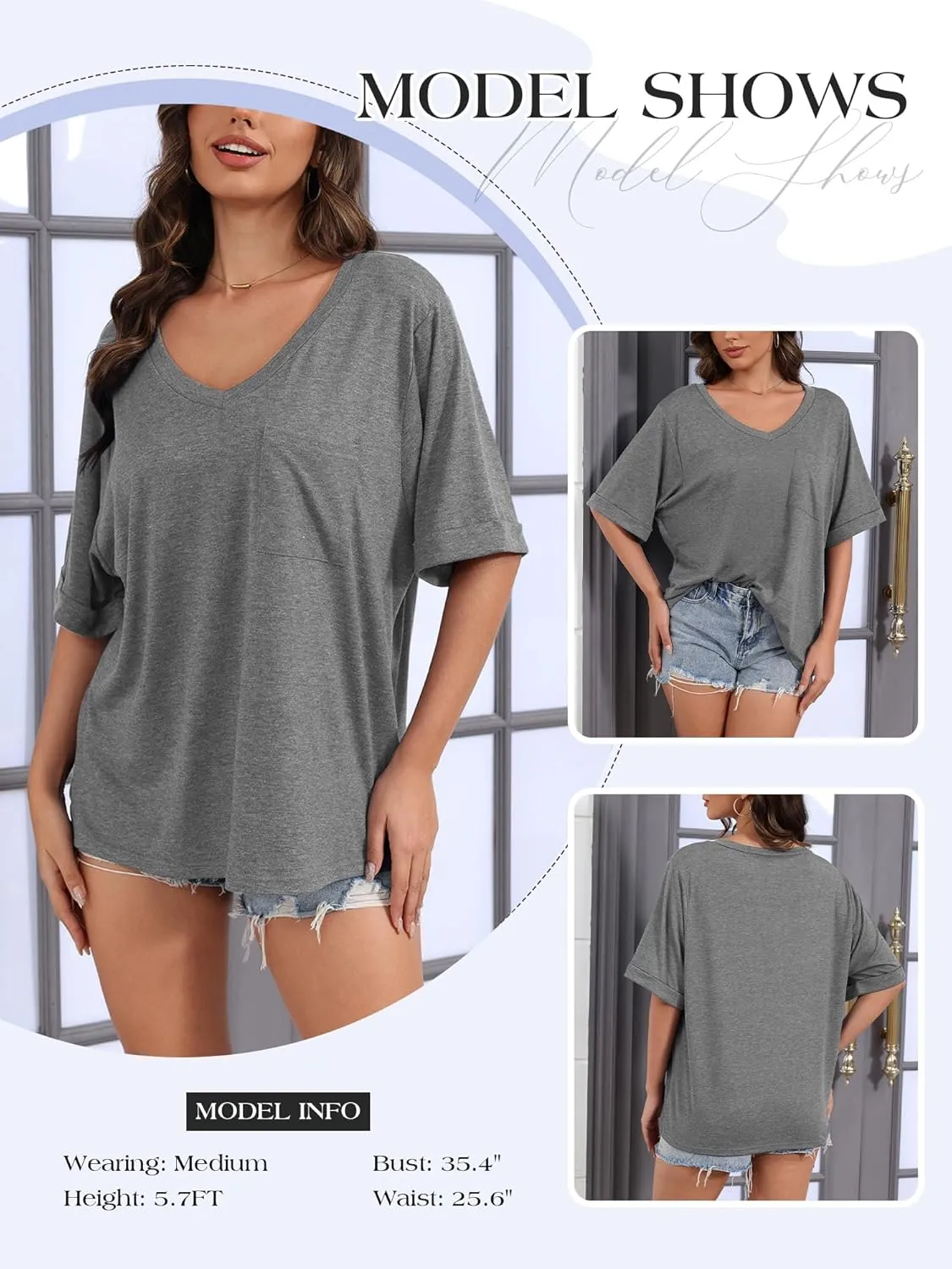 Womens Oversized T Shirts V Neck Rolled Sleeve Pocket Summer Tops Casual Loose Basic Tee Shirts 2024 Trendy