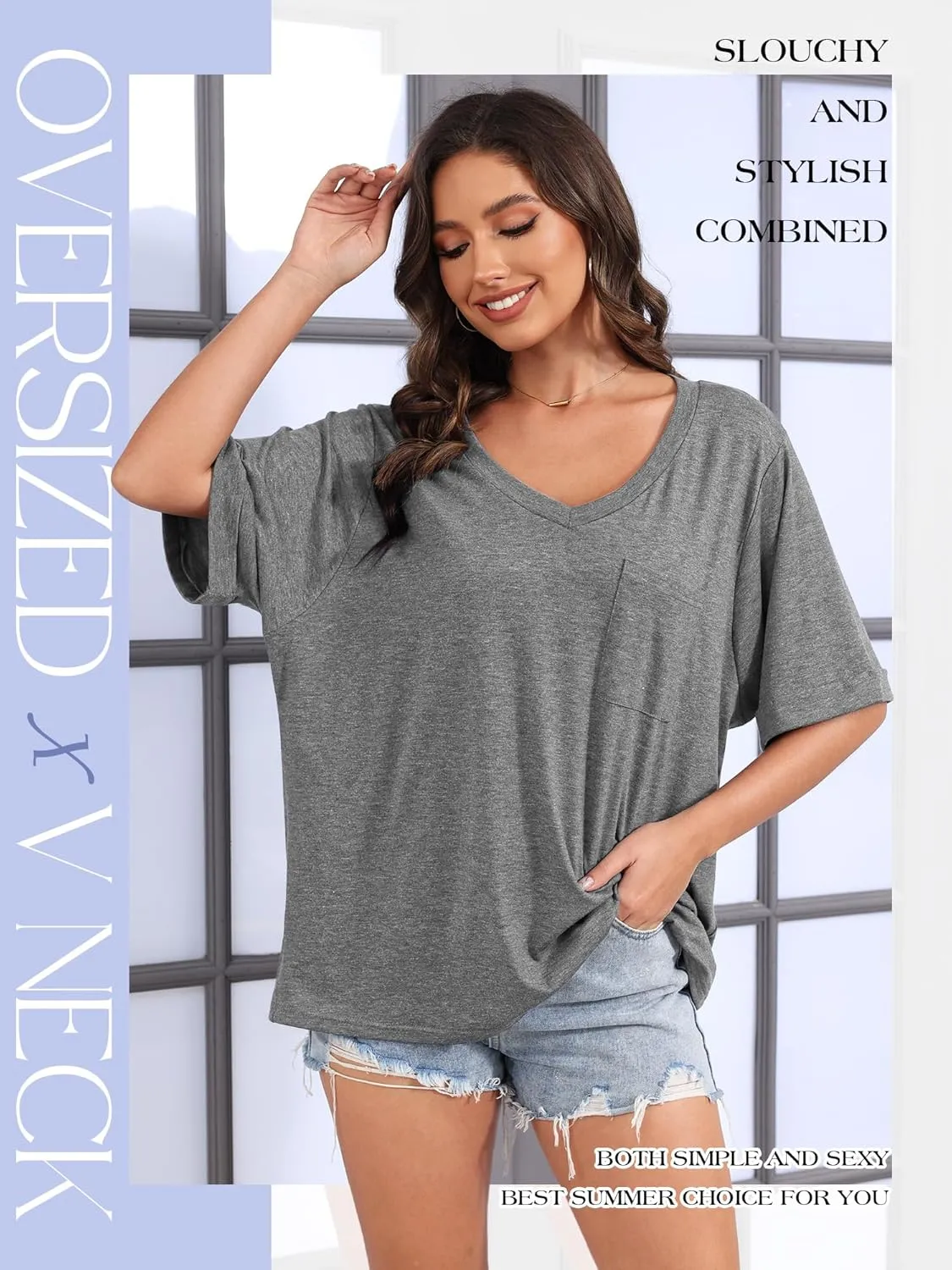 Womens Oversized T Shirts V Neck Rolled Sleeve Pocket Summer Tops Casual Loose Basic Tee Shirts 2024 Trendy