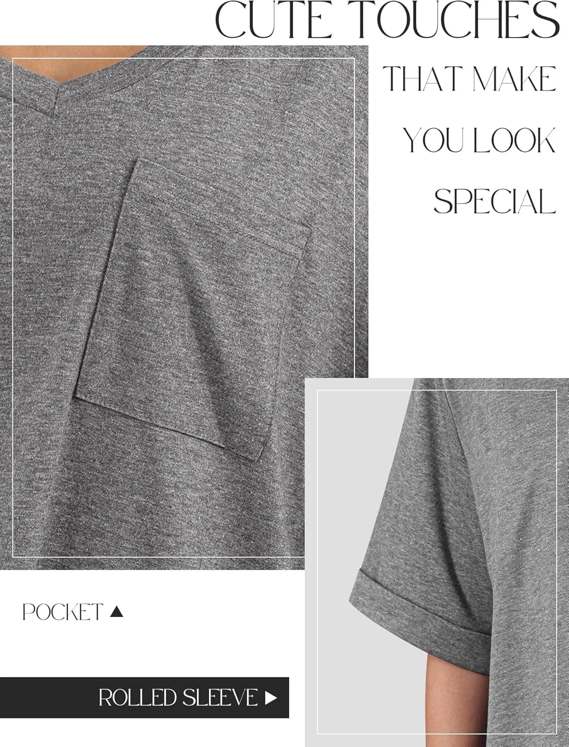 Womens Oversized T Shirts V Neck Rolled Sleeve Pocket Summer Tops Casual Loose Basic Tee Shirts 2024 Trendy