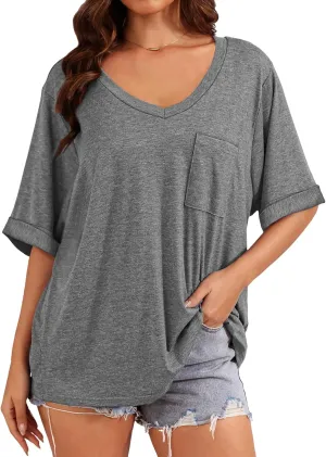 Womens Oversized T Shirts V Neck Rolled Sleeve Pocket Summer Tops Casual Loose Basic Tee Shirts 2024 Trendy