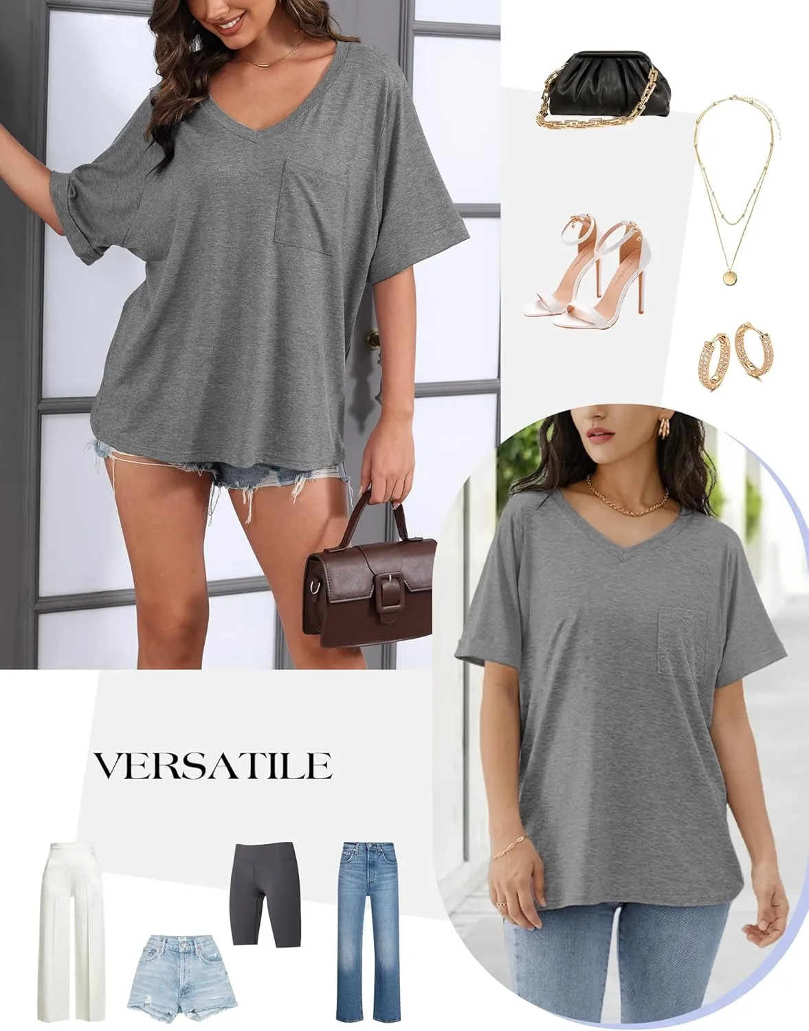 Womens Oversized T Shirts V Neck Rolled Sleeve Pocket Summer Tops Casual Loose Basic Tee Shirts 2024 Trendy