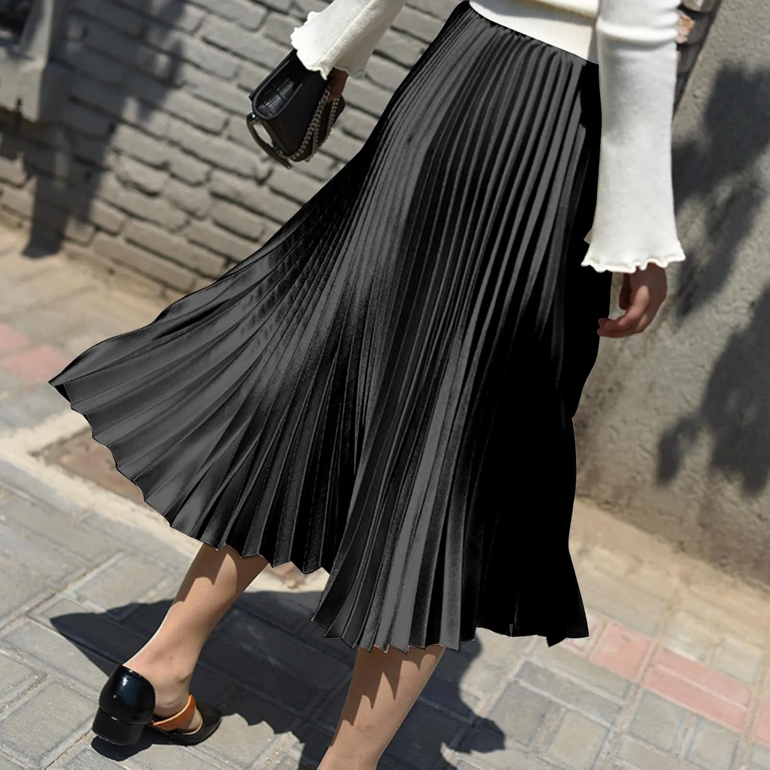 Women's Pleated Satin Midi Skirt Solid Casual High Waist Skirt 7855