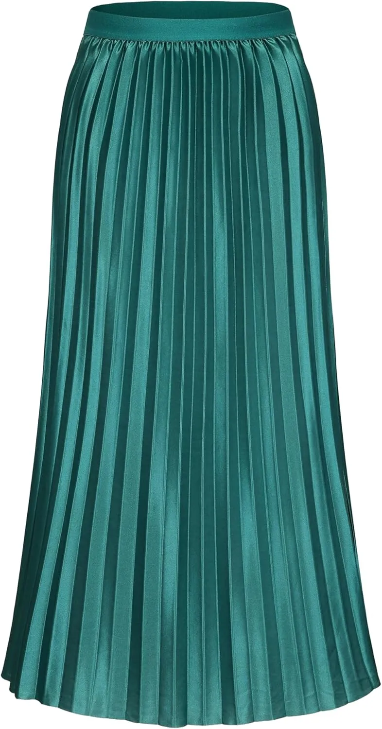 Women's Pleated Satin Midi Skirt Solid Casual High Waist Skirt 7855