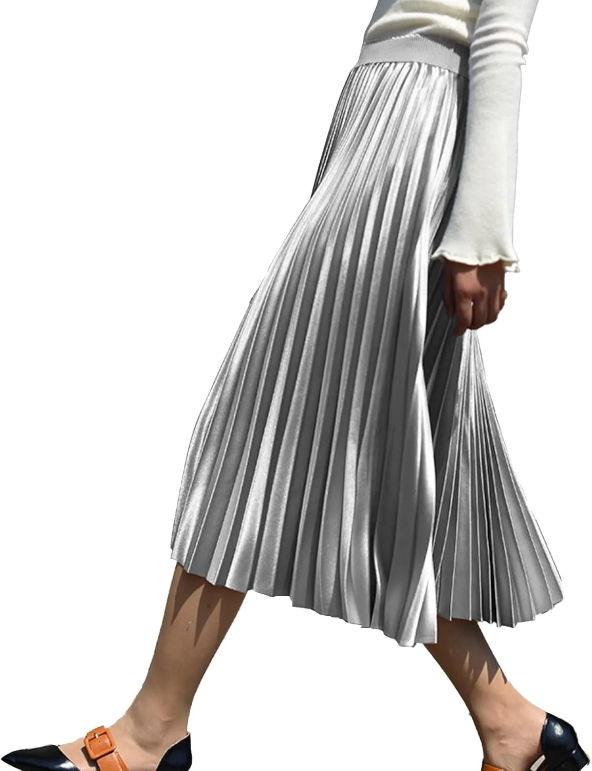 Women's Pleated Satin Midi Skirt Solid Casual High Waist Skirt 7855