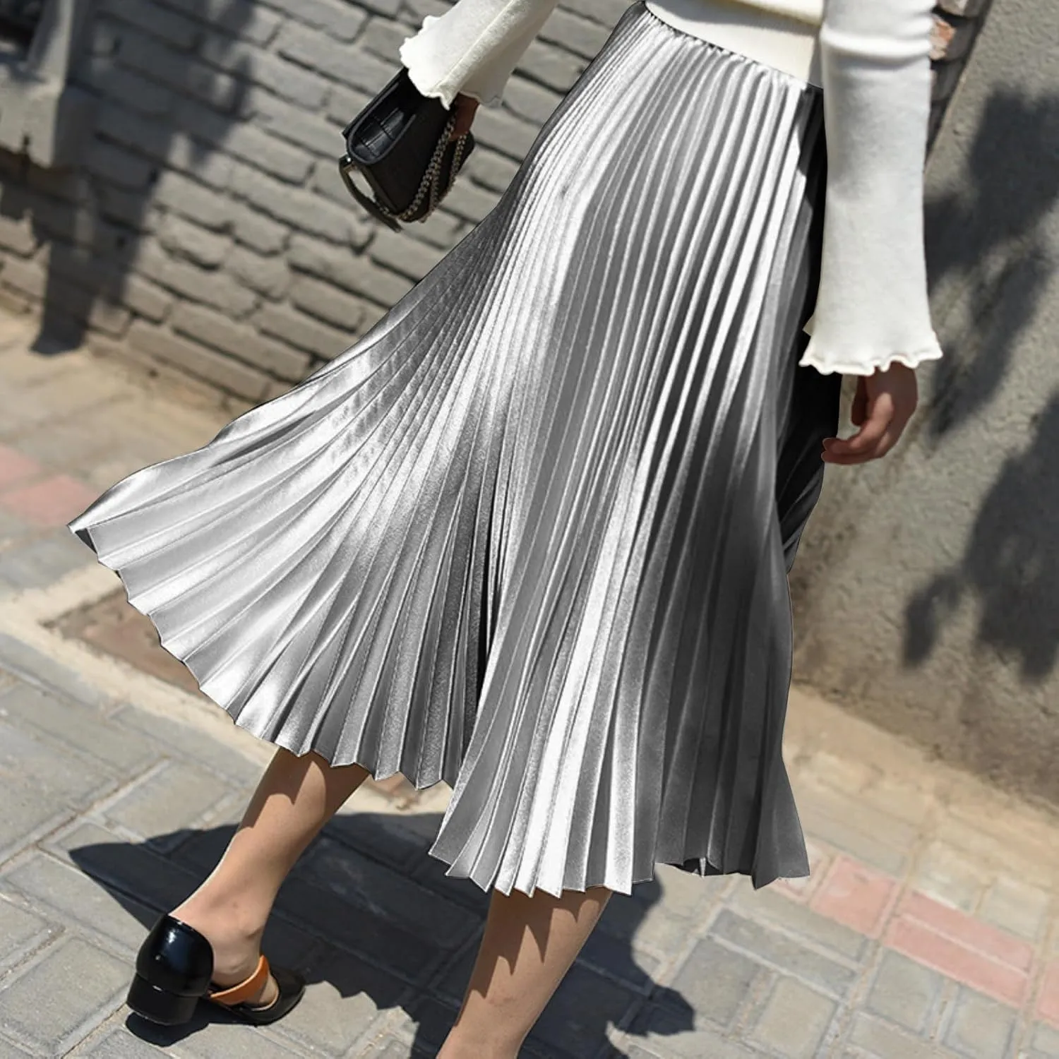 Women's Pleated Satin Midi Skirt Solid Casual High Waist Skirt 7855