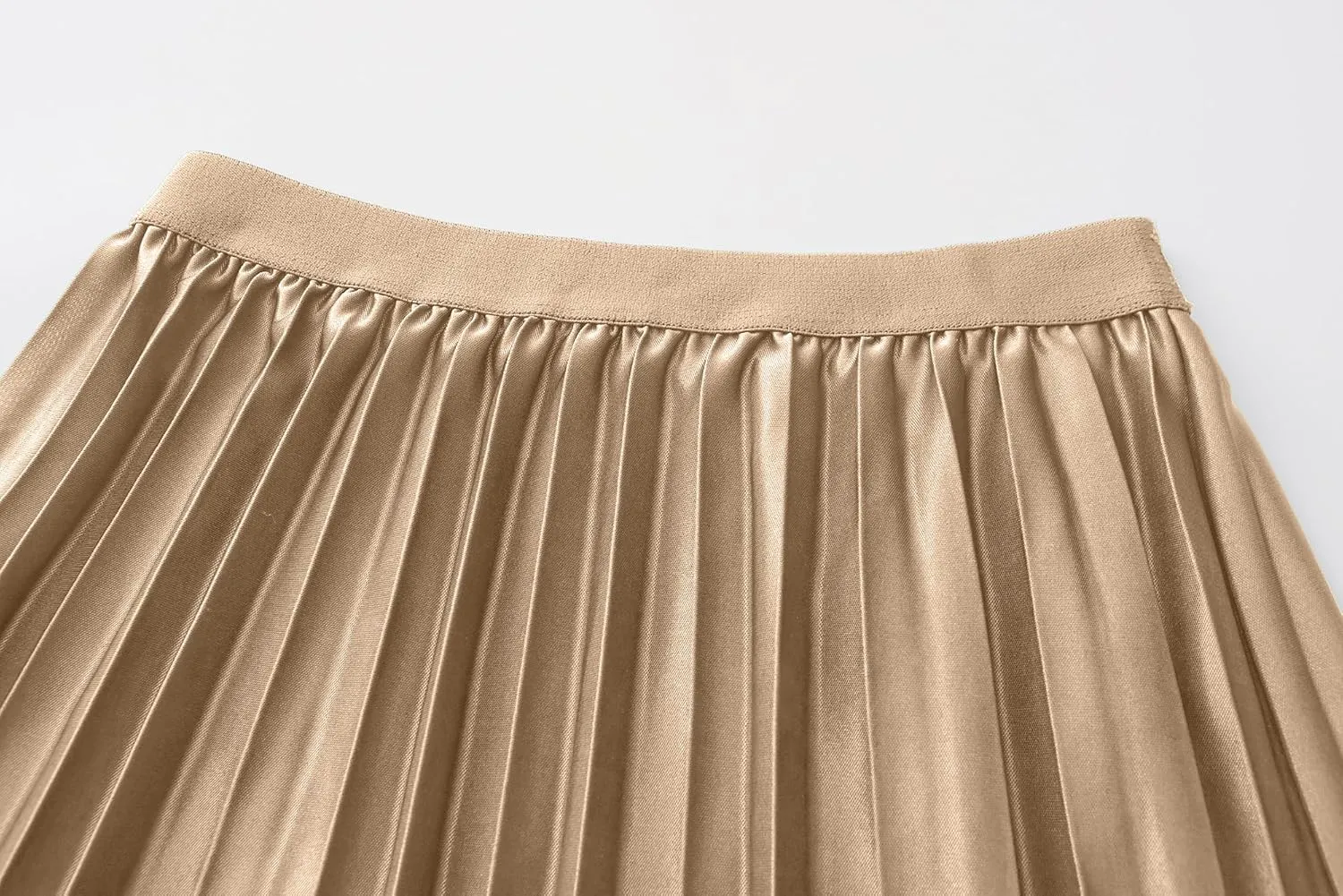 Women's Pleated Satin Midi Skirt Solid Casual High Waist Skirt 7855