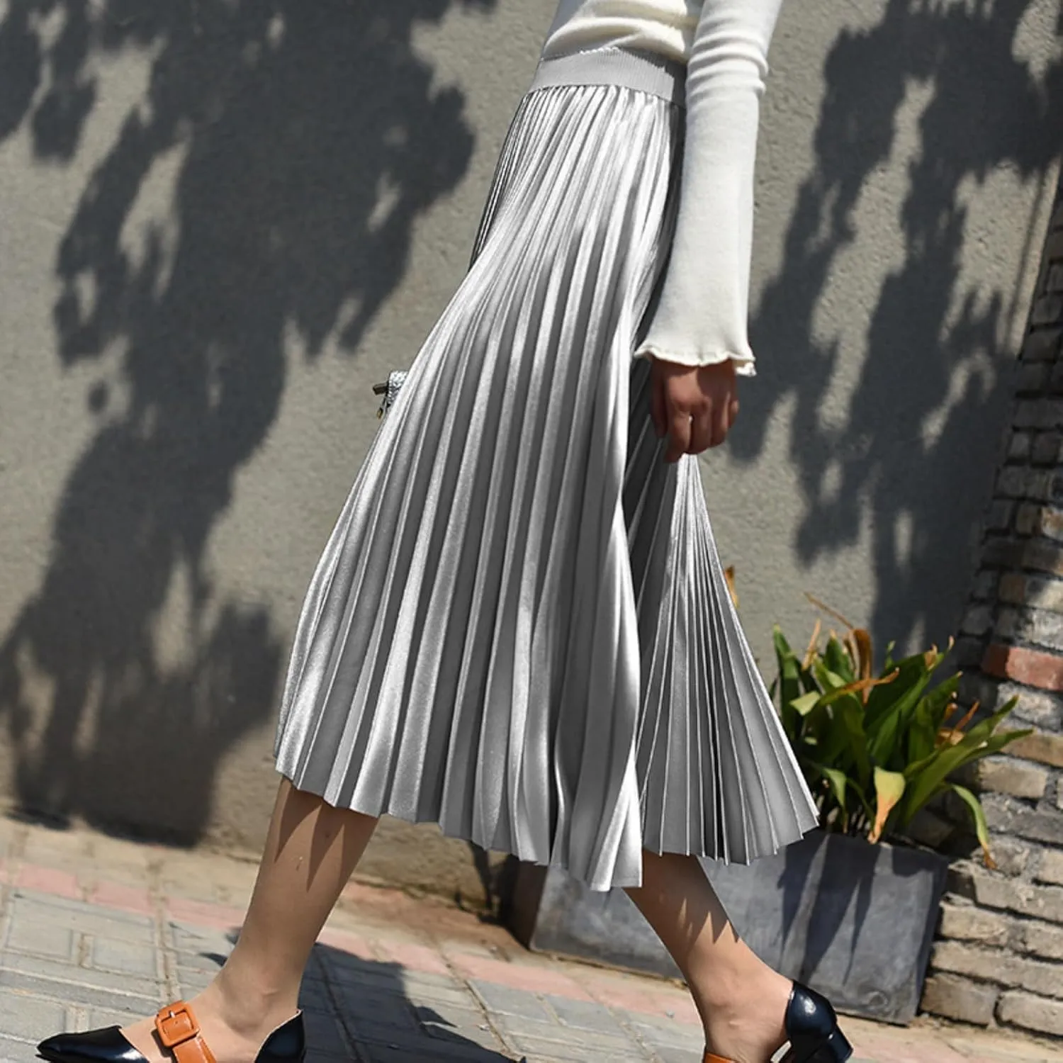 Women's Pleated Satin Midi Skirt Solid Casual High Waist Skirt 7855