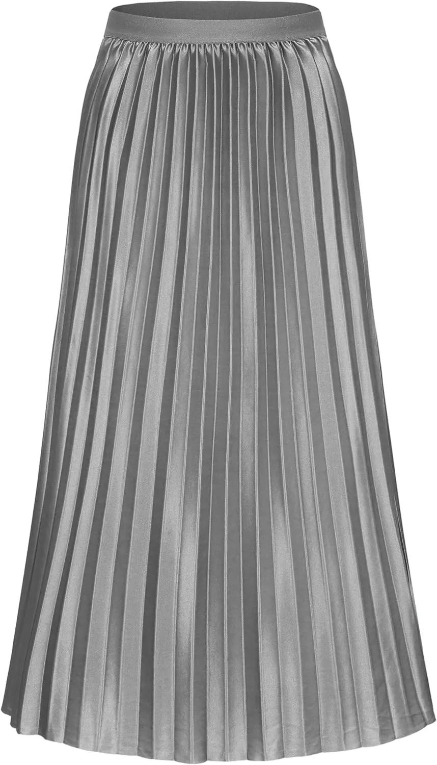 Women's Pleated Satin Midi Skirt Solid Casual High Waist Skirt 7855