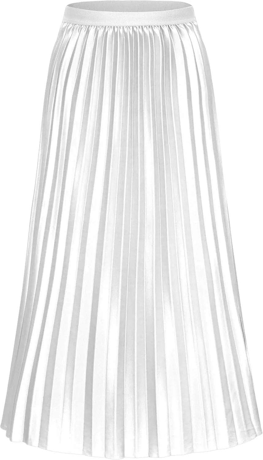Women's Pleated Satin Midi Skirt Solid Casual High Waist Skirt 7855