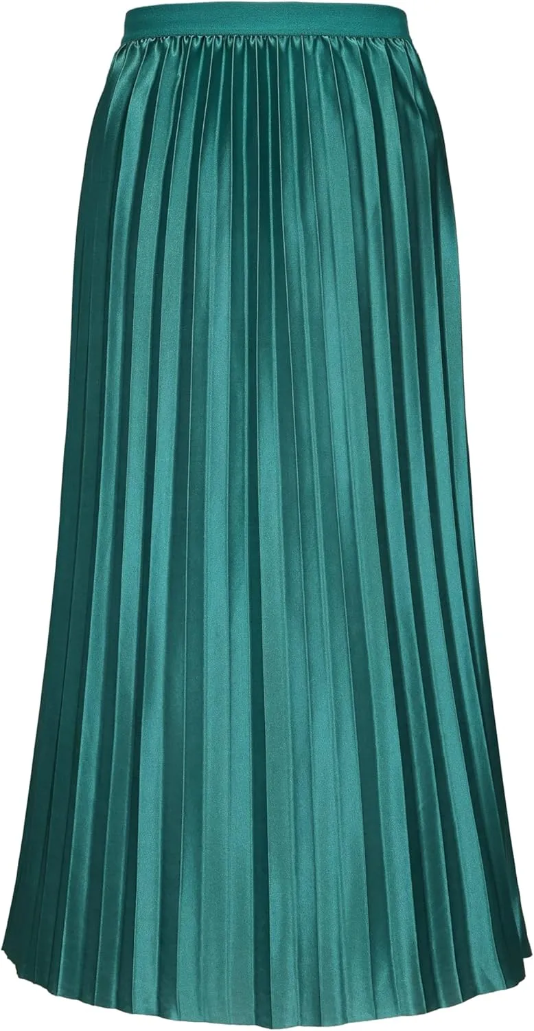 Women's Pleated Satin Midi Skirt Solid Casual High Waist Skirt 7855