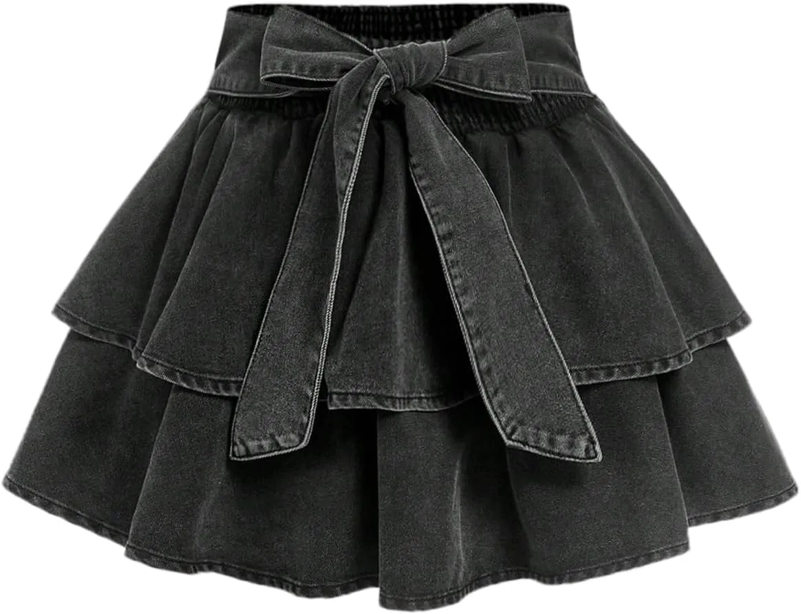 Women's Plus Size Denim Mini Skirt Y2k Bow Tie Knot Ruffle Tiered Short Jean Skirts