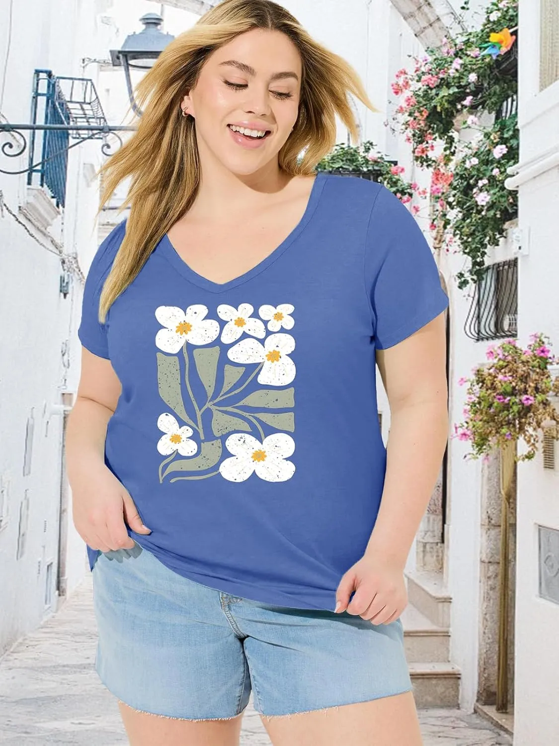Womens Plus Size Tops Boho Floral Short Sleeve V Neck T-Shirt Casual Summer Wildflower Graphic Tees