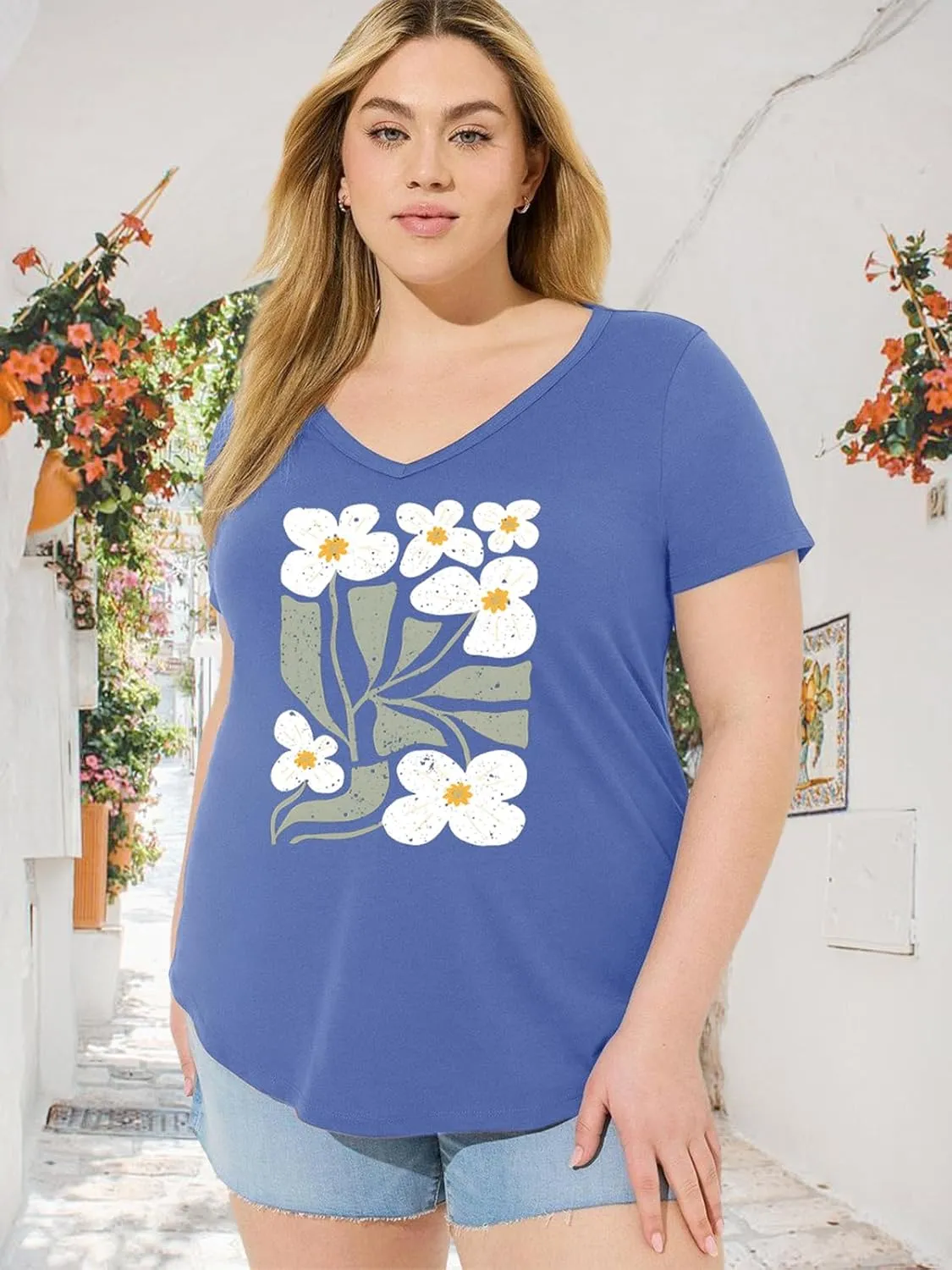 Womens Plus Size Tops Boho Floral Short Sleeve V Neck T-Shirt Casual Summer Wildflower Graphic Tees
