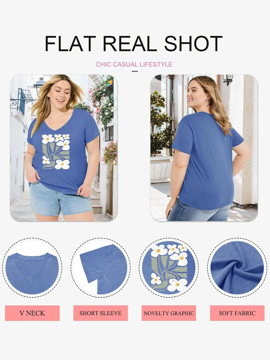 Womens Plus Size Tops Boho Floral Short Sleeve V Neck T-Shirt Casual Summer Wildflower Graphic Tees