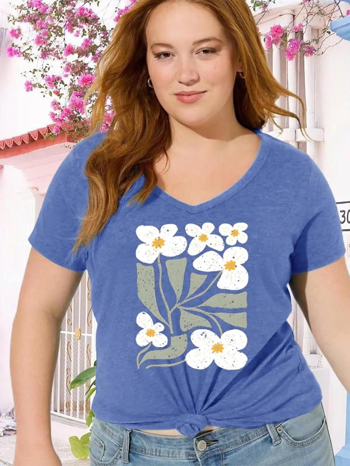 Womens Plus Size Tops Boho Floral Short Sleeve V Neck T-Shirt Casual Summer Wildflower Graphic Tees