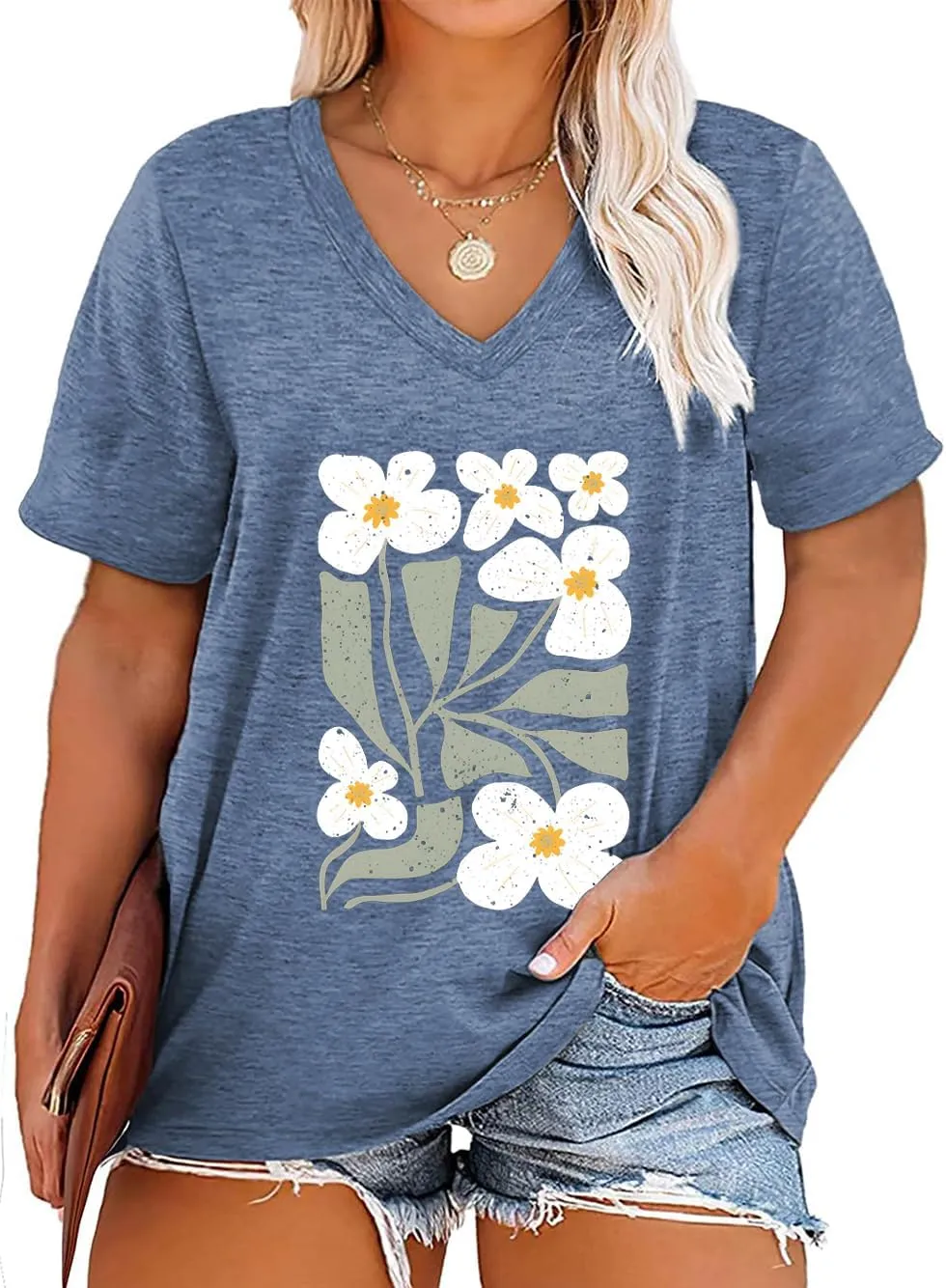 Womens Plus Size Tops Boho Floral Short Sleeve V Neck T-Shirt Casual Summer Wildflower Graphic Tees