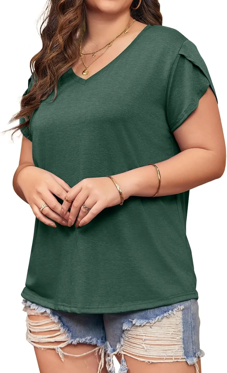 Womens Plus Size Tops V Neck T Shirts Casual Loose Petal Sleeve Tee Shirts