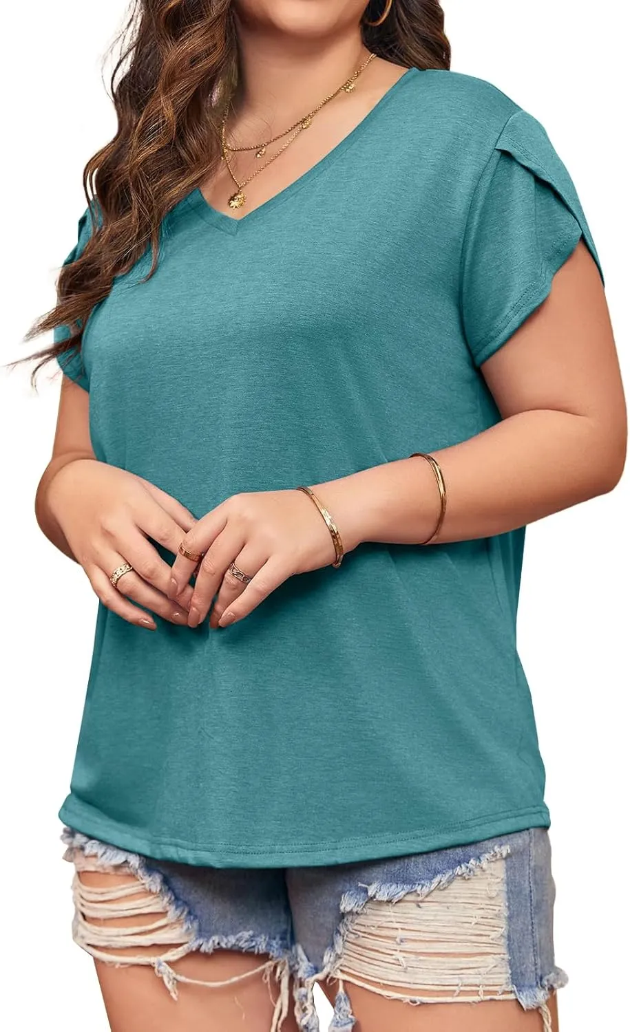 Womens Plus Size Tops V Neck T Shirts Casual Loose Petal Sleeve Tee Shirts