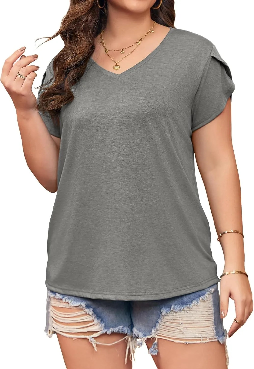 Womens Plus Size Tops V Neck T Shirts Casual Loose Petal Sleeve Tee Shirts