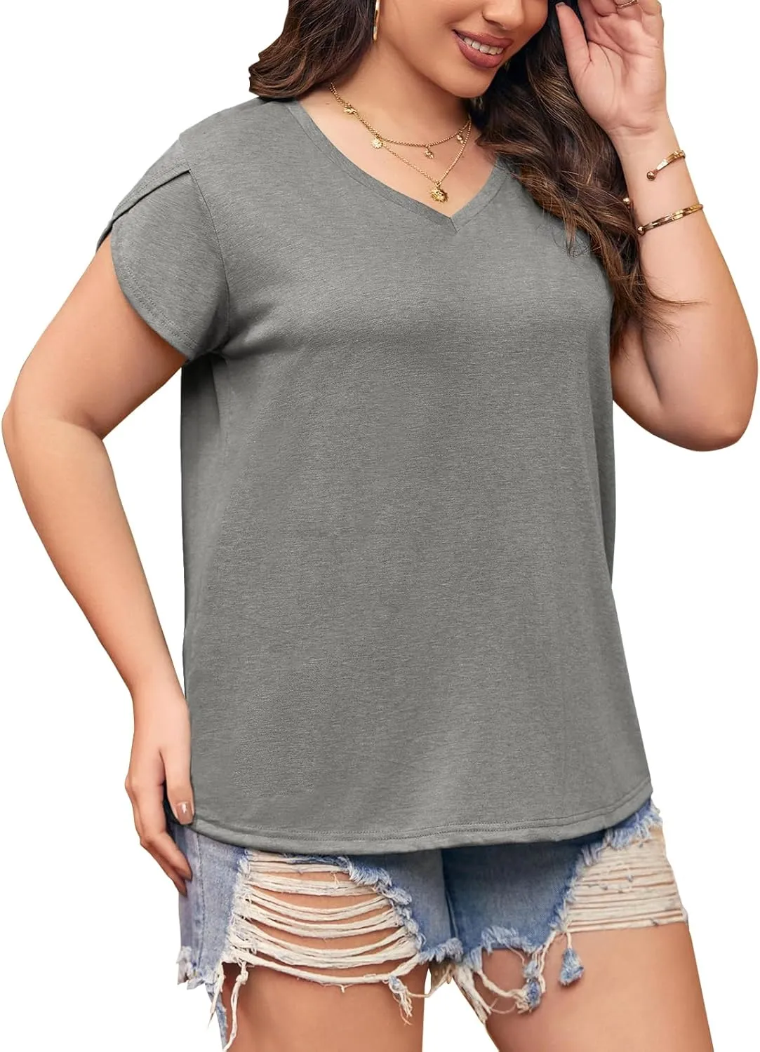 Womens Plus Size Tops V Neck T Shirts Casual Loose Petal Sleeve Tee Shirts