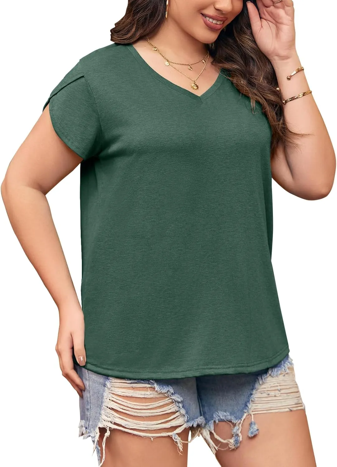 Womens Plus Size Tops V Neck T Shirts Casual Loose Petal Sleeve Tee Shirts