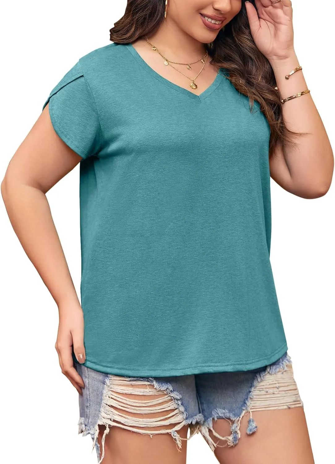 Womens Plus Size Tops V Neck T Shirts Casual Loose Petal Sleeve Tee Shirts