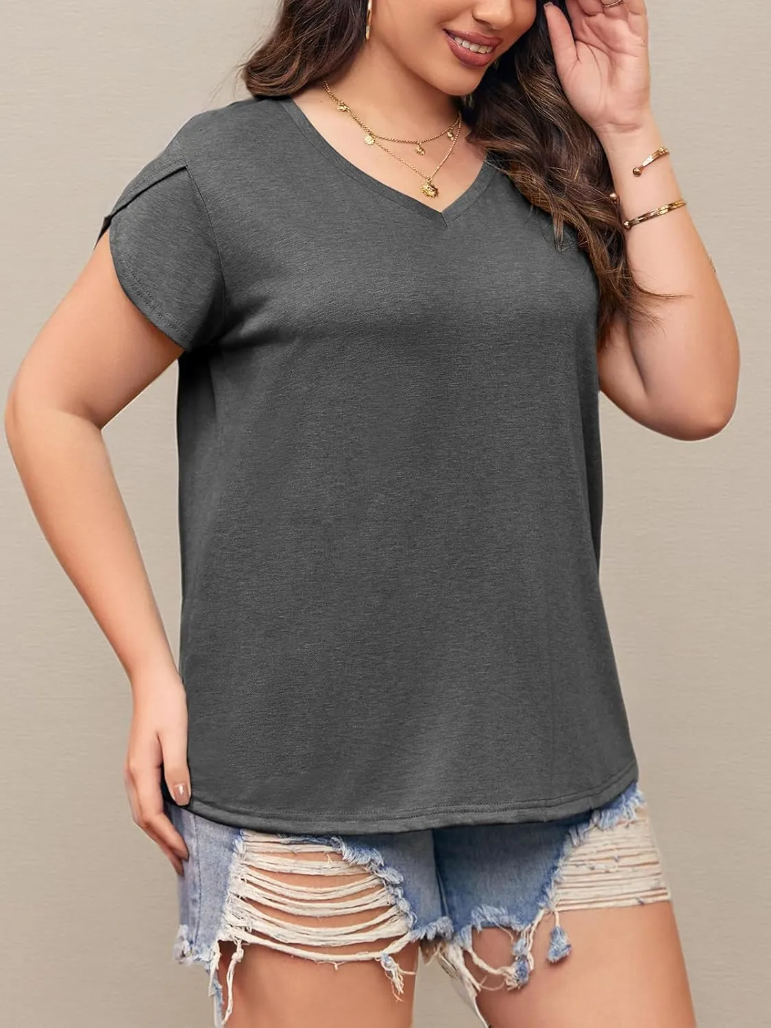 Womens Plus Size Tops V Neck T Shirts Casual Loose Petal Sleeve Tee Shirts